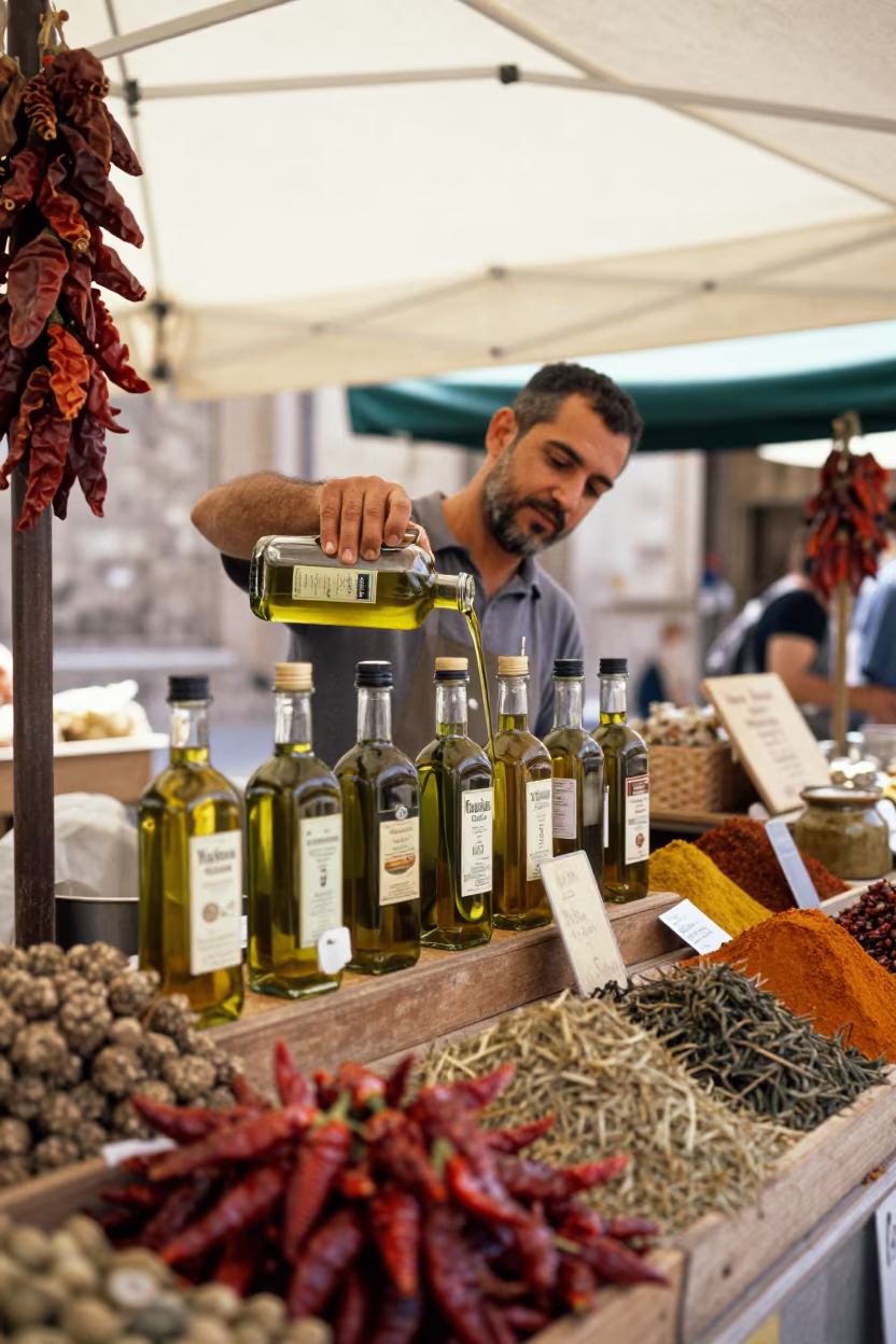 Vendor Pours Olive Oil in Terni Market Stall in at a spice vendor's table in Terni