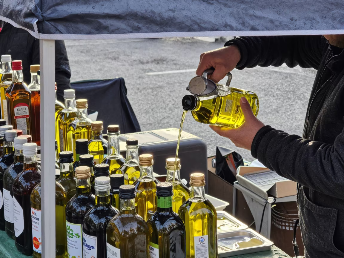 Vendor Pours Olive Oil in Winter Market in under a market canopy in Washington DC
