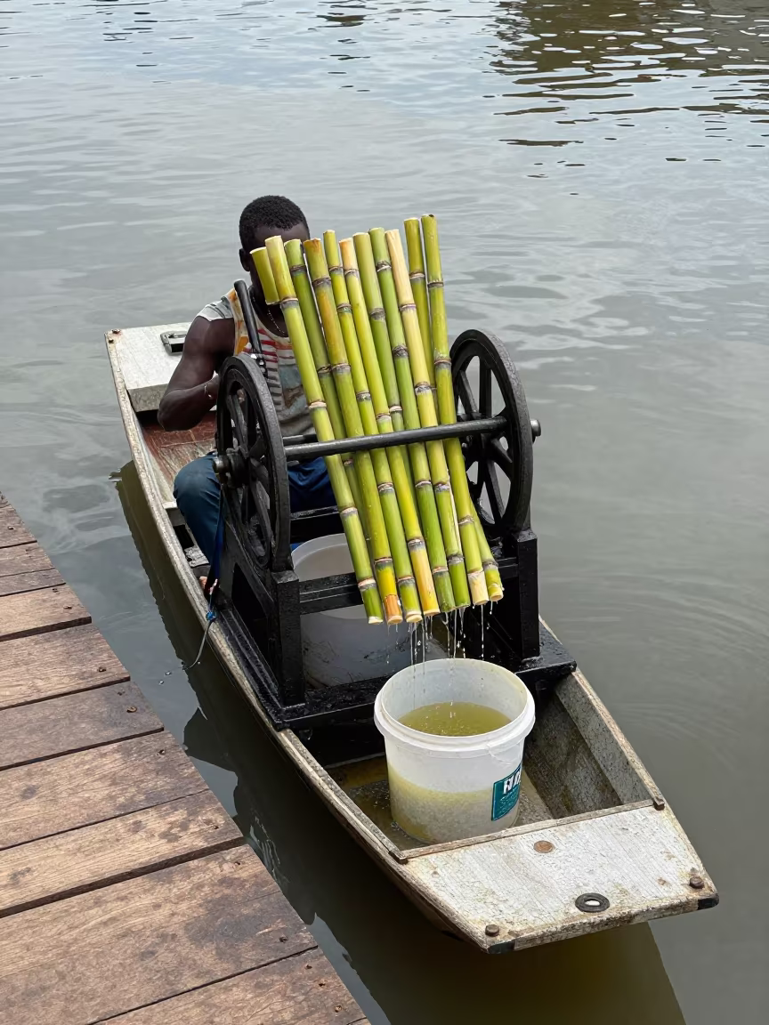 Vendor Presses Sugarcane at Floating Market Boat in at a floating market boat in Mutare