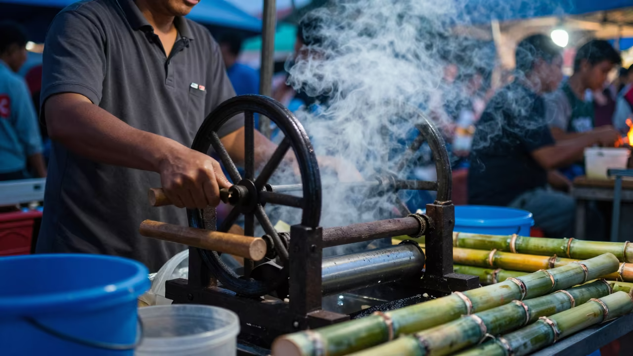 Vendor Presses Sugarcane at Jakarta Market Stall in at a market stall in Kota Tua, Jakarta