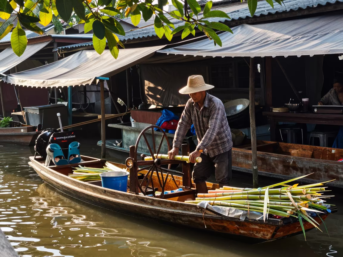 Vendor Pressing Sugarcane at Reims Floating Market in at a floating market boat in Reims