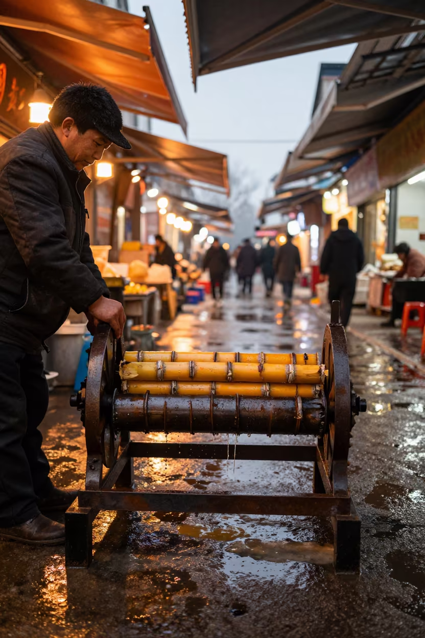 Vendor Pressing Sugarcane in Winter Bazaar in in a covered bazaar aisle in Zhengzhou