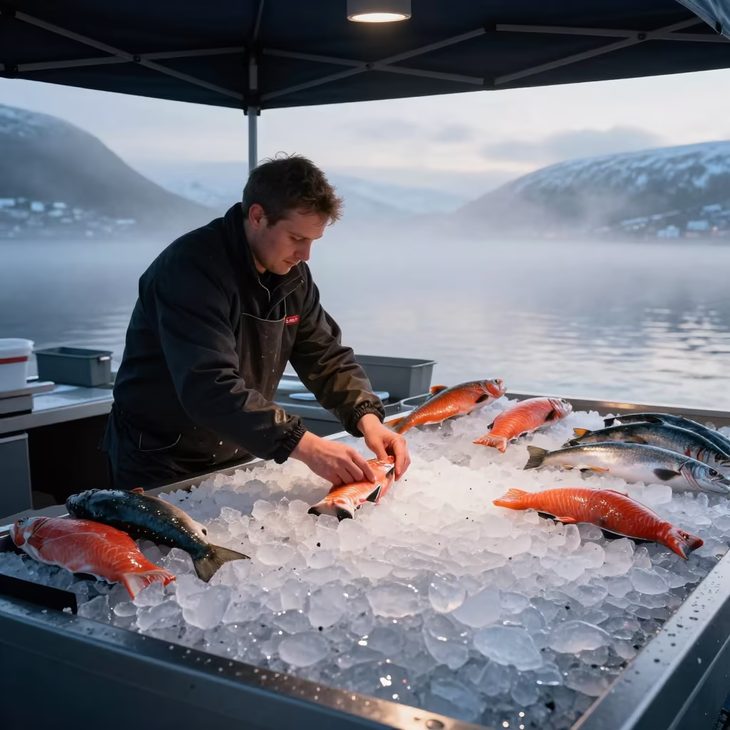Vendor Scaling Salmon on Ice Under Tromsø Canopy in under a market canopy in Tromsø