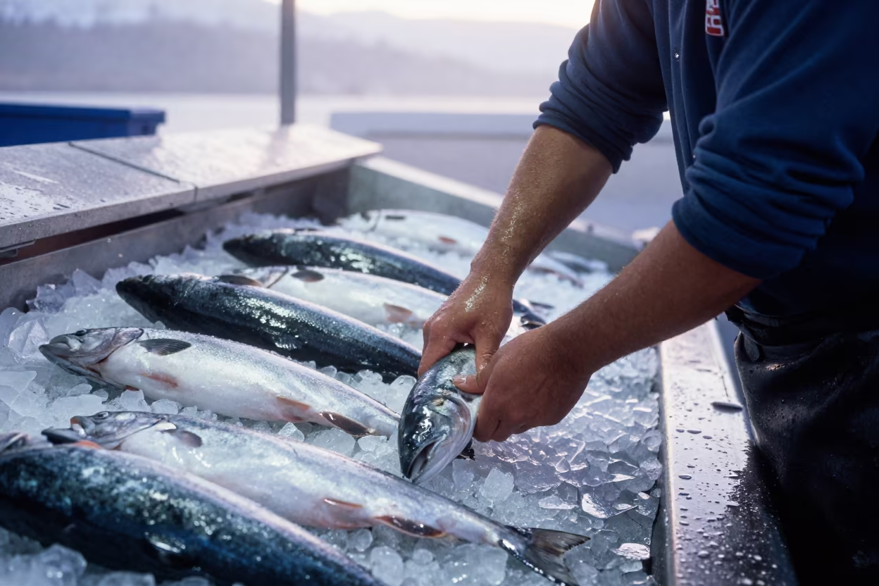 Vendor Scaling Salmon on Crushed Ice at Dawn in beside a fish counter in Anchorage
