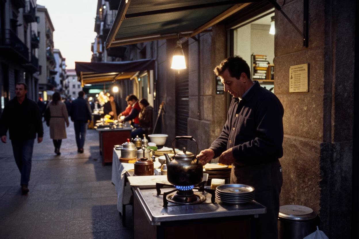 Vendor Scene in Barcelona at First Light Of Dawn in in Barcelona, Spain