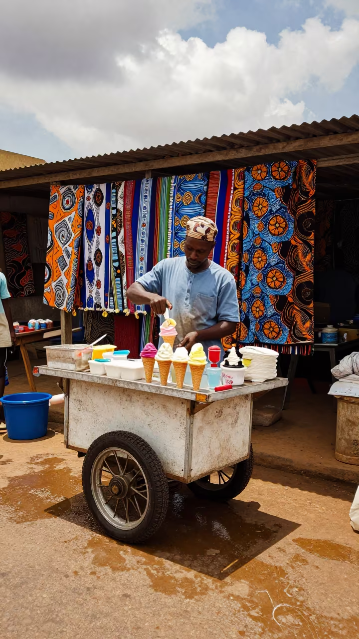 Vendor Scoops Gelato at Lagos Market in at a textile trader's stall in Surulere, Lagos