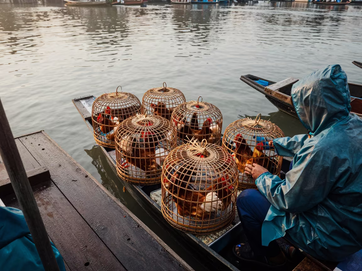 Vendor Selling Live Chickens Manila Boat in at a floating market boat in Manila