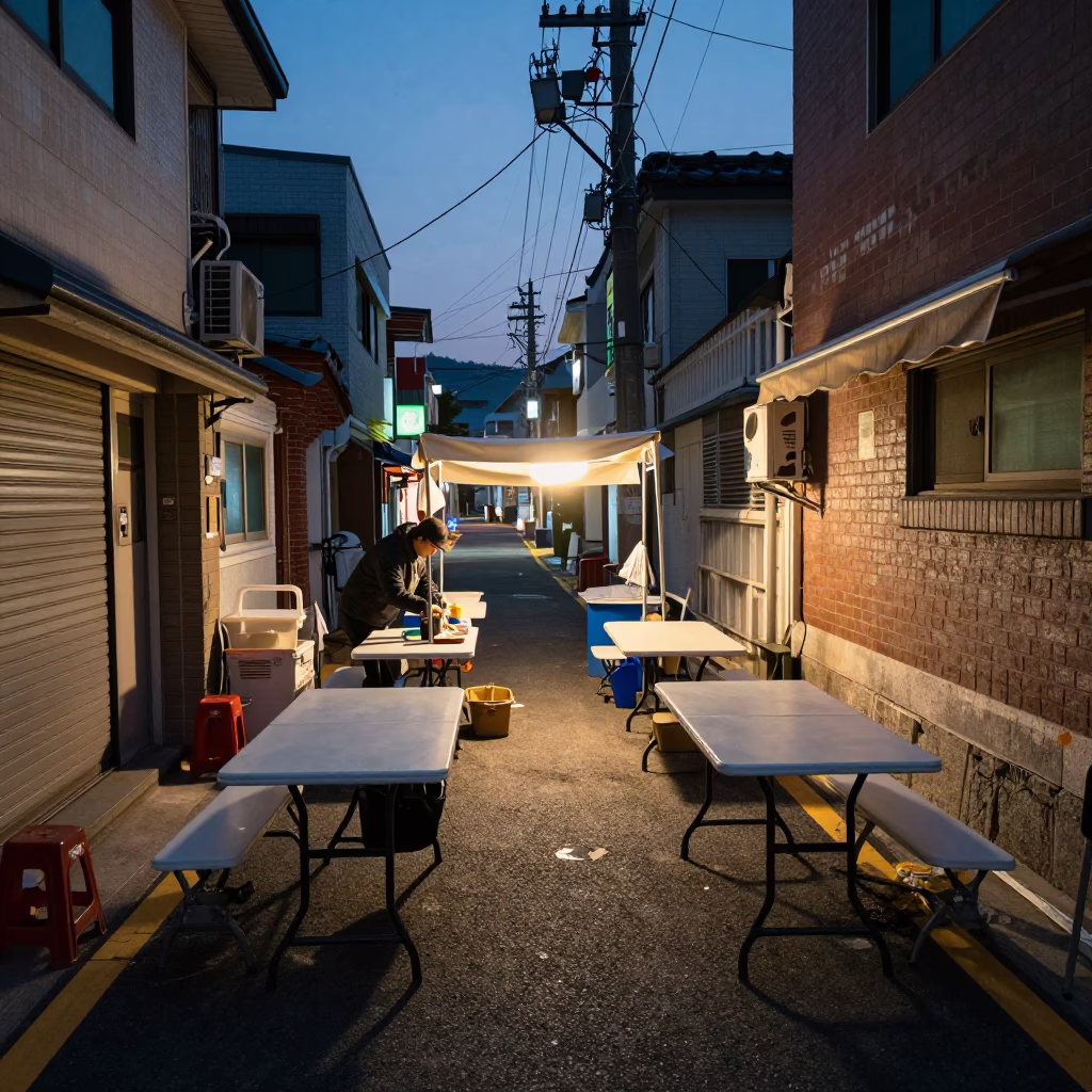 Vendor Setup in Busan at The Predawn Darkness Light in in Busan, South Korea