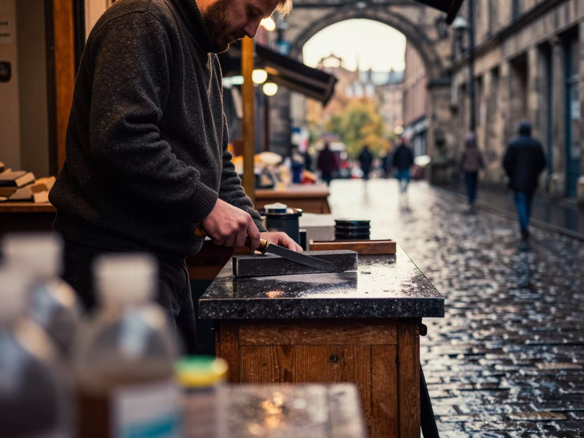 Vendor Sharpening Knife at Dawn in Edinburgh Bazaar in in a covered bazaar aisle in Calton Hill, Edinburgh