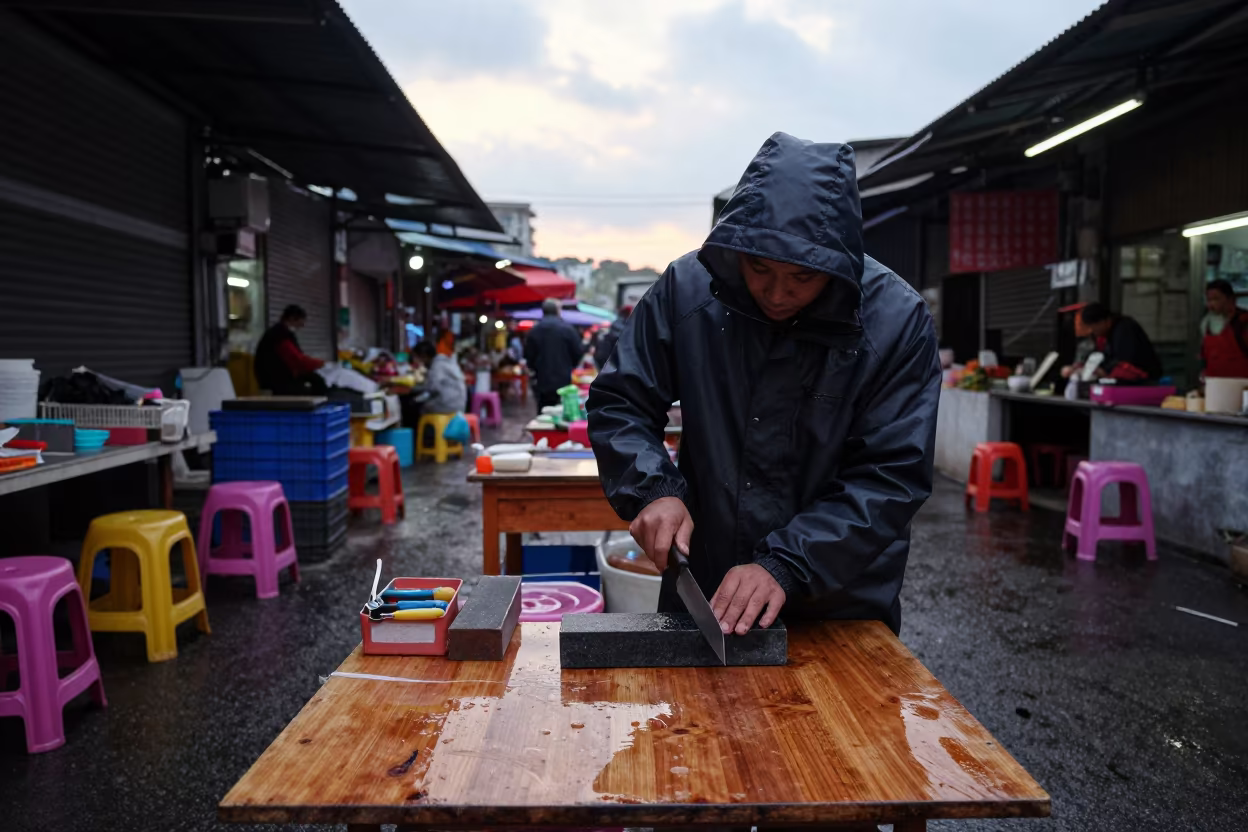 Vendor Sharpening Knife at Dawn in Guangzhou Market in in a flea market lane in Zhujiang New Town, Guangzhou