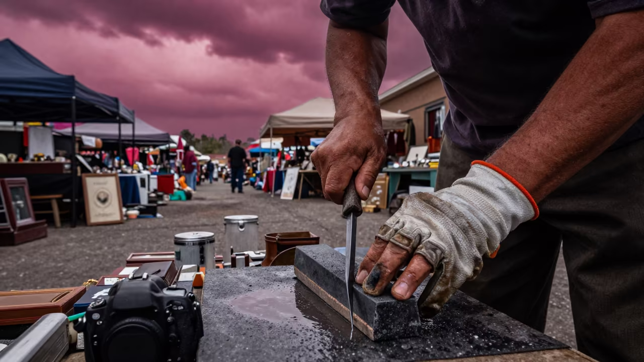 Vendor Sharpening Knife Under Magenta Dawn Sky in in a flea market lane in Salt Lake City