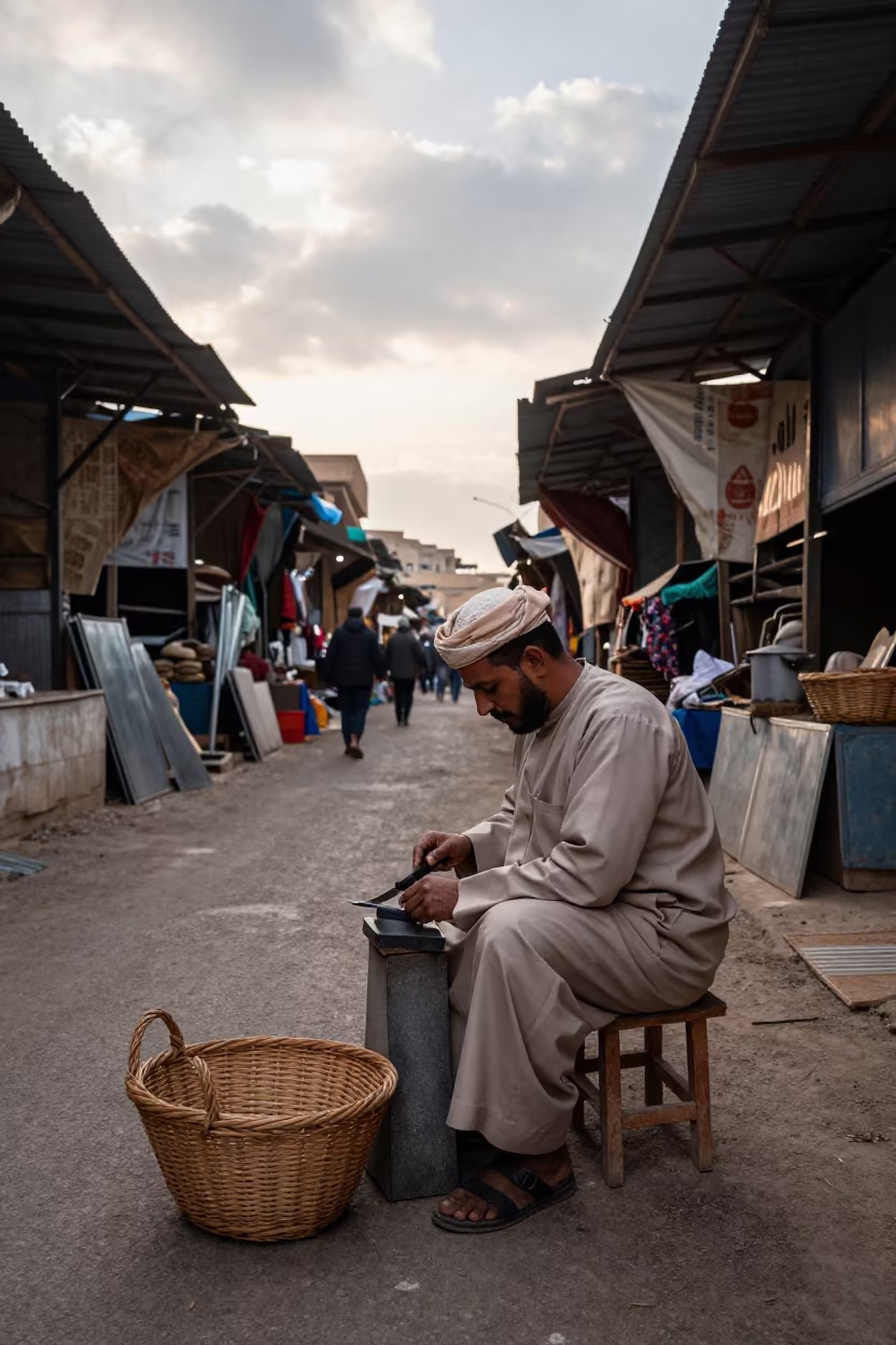Vendor Sharpening Knife on Whetstone in Tiflet Dawn in in a flea market lane in Tiflet