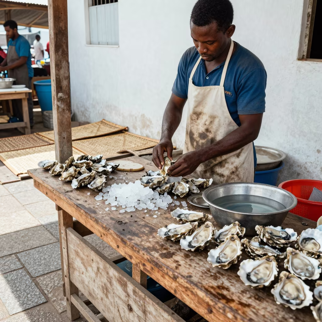 Vendor Shucking Oysters in Mombasa Market in in a covered bazaar aisle in Mombasa