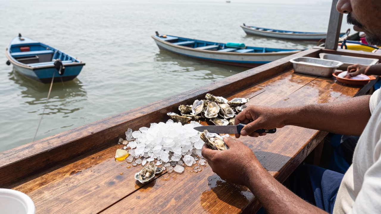 Vendor Shucking Oysters on Mumbai Floating Market in at a floating market boat in Mumbai