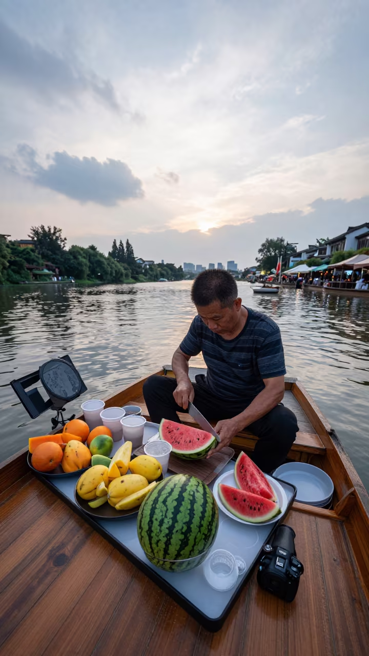 Vendor Slicing Watermelon at Dawn Floating Market in at a floating market boat in Chunxi Road, Chengdu