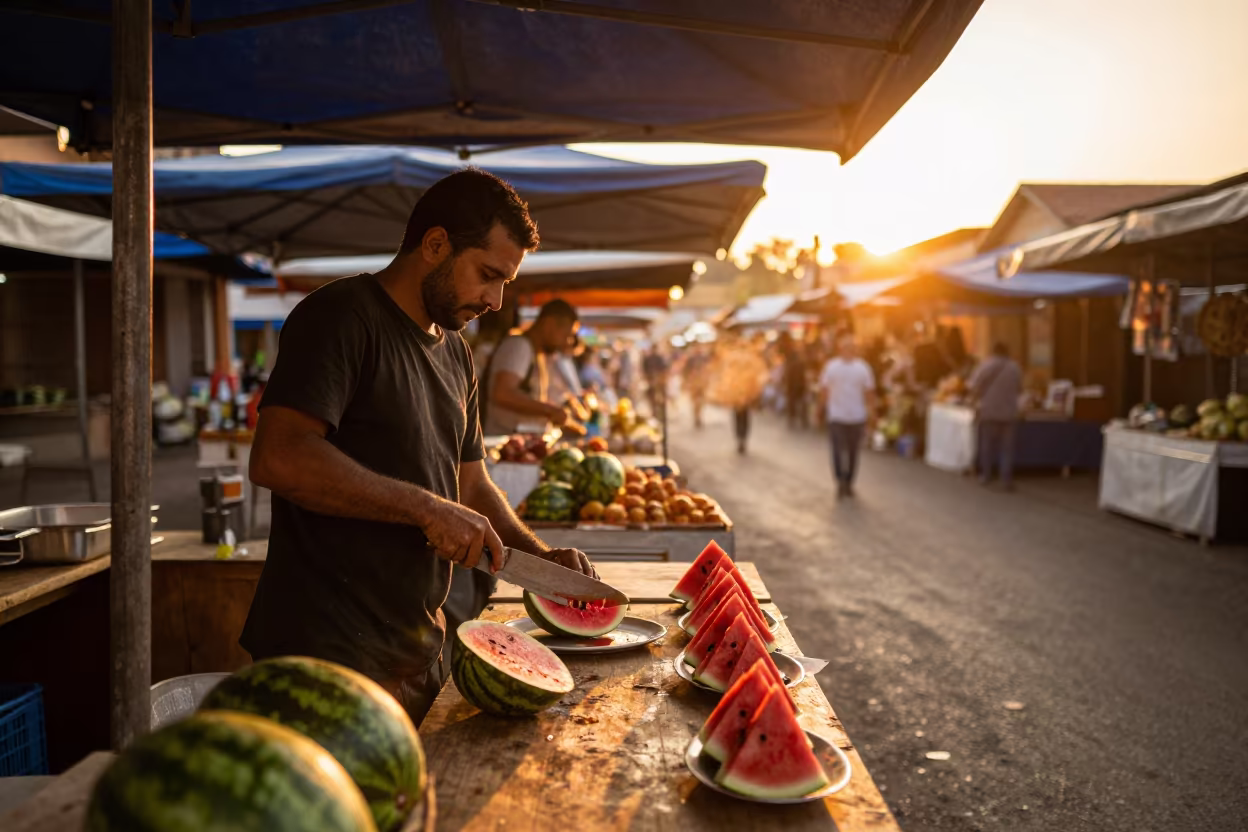 Vendor Slicing Watermelon in Graz Market Lane in in a flea market lane in Graz