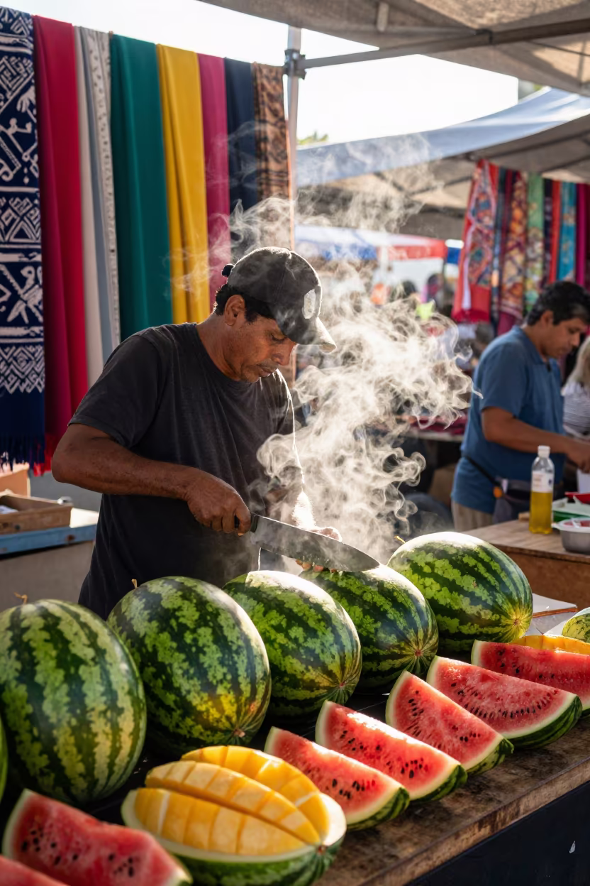 Vendor Slicing Watermelon at San Diego Market Stall in at a textile trader's stall in San Diego