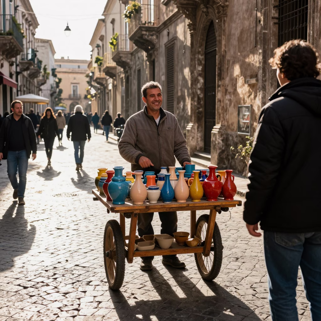 Vendor Smiles in Palermo at The Late Morning Light in in Palermo, Italy