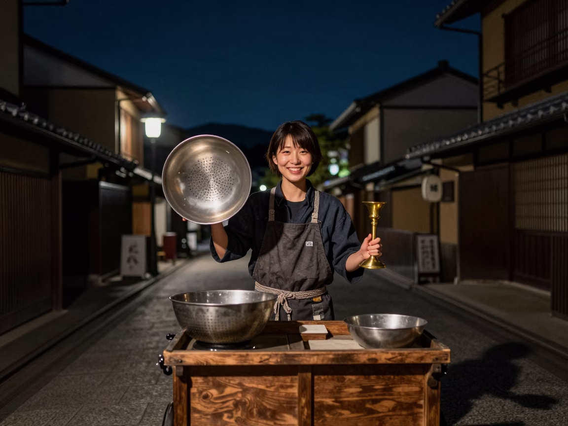 Vendor Smiling in Kyoto at The Deepest Night Sky Light in in Kyoto, Japan