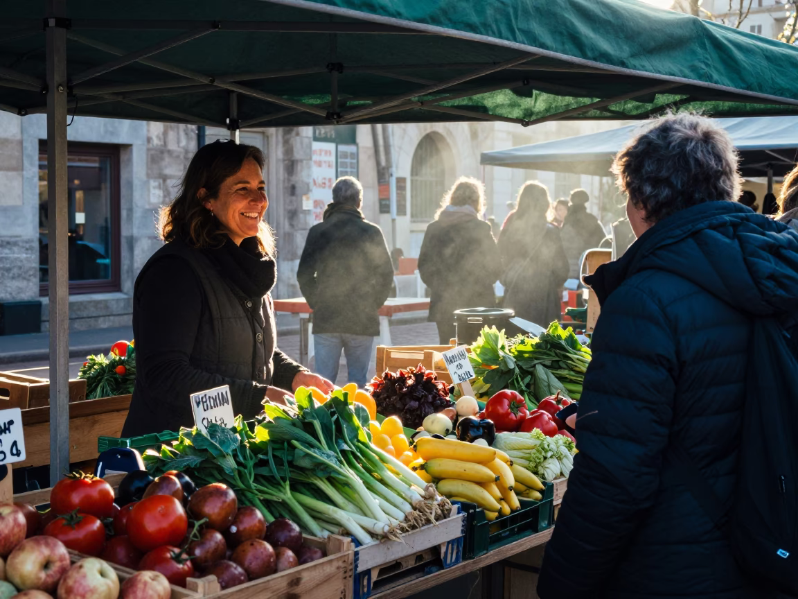 Vendor Smiling in Lyon at Sunrise Light in in Lyon, France