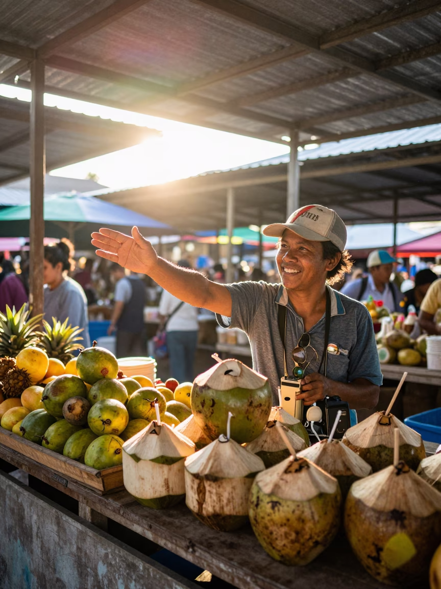 Vendor Smiling in Phuket at As First Light Reaches The Scene in in Phuket, Thailand