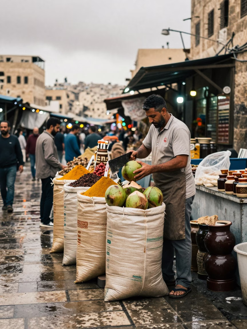 Vendor Splits Green Coconuts at Damascus Spice Table in at a spice vendor's table in Damascus