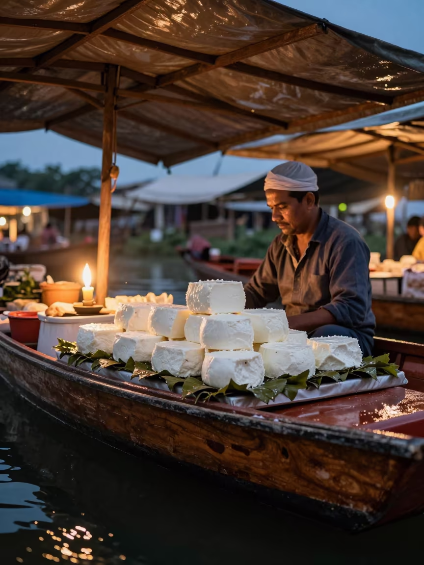 Vendor Stacking Goat Cheese on Leaves in at a floating market boat in Ile Ife