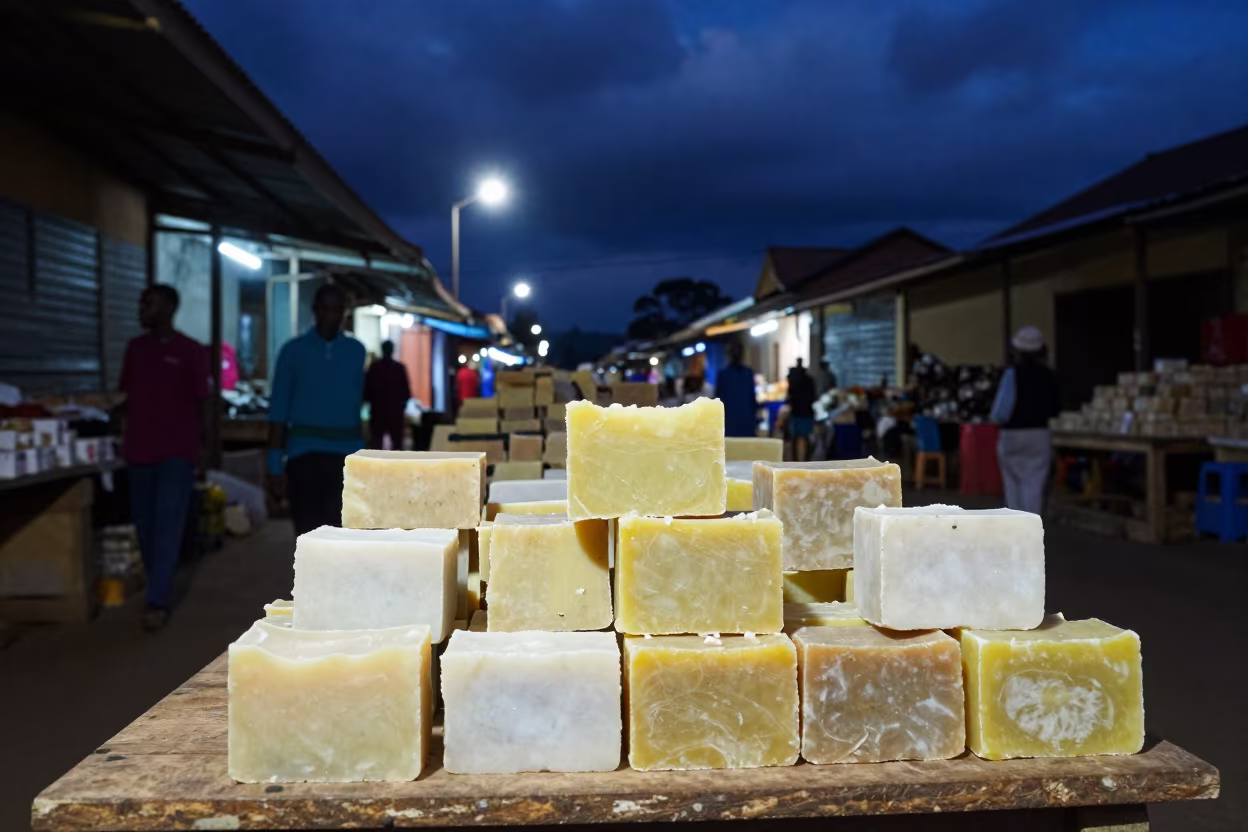 Vendor Stacking Soap Bars Nairobi Market Night in in a covered bazaar aisle in Bomas, Nairobi