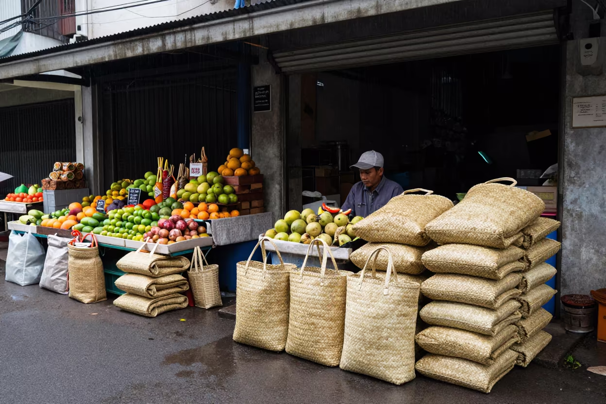 Vendor Stacking Straw Bags at Jakarta Market Entrance in at a roadside fruit stand in Blok M, Jakarta