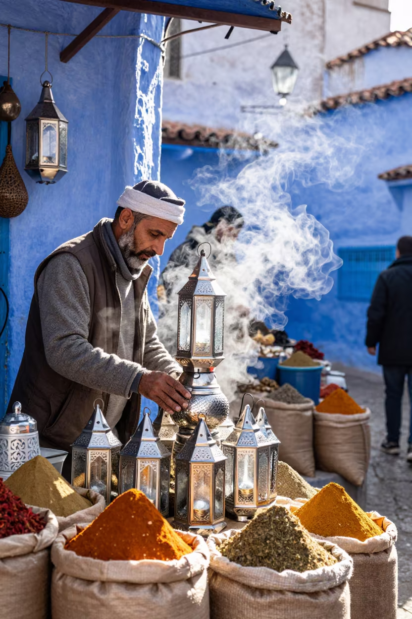 Vendor Stacking Tin Lanterns in Chefchaouen Souk in at a spice vendor's table in Chefchaouen