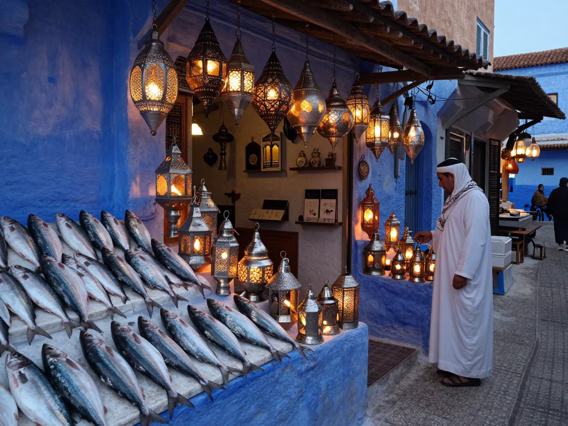 Vendor Stacking Tin Lanterns in Predawn Chefchaouen Souk in beside a fish counter in Chefchaouen
