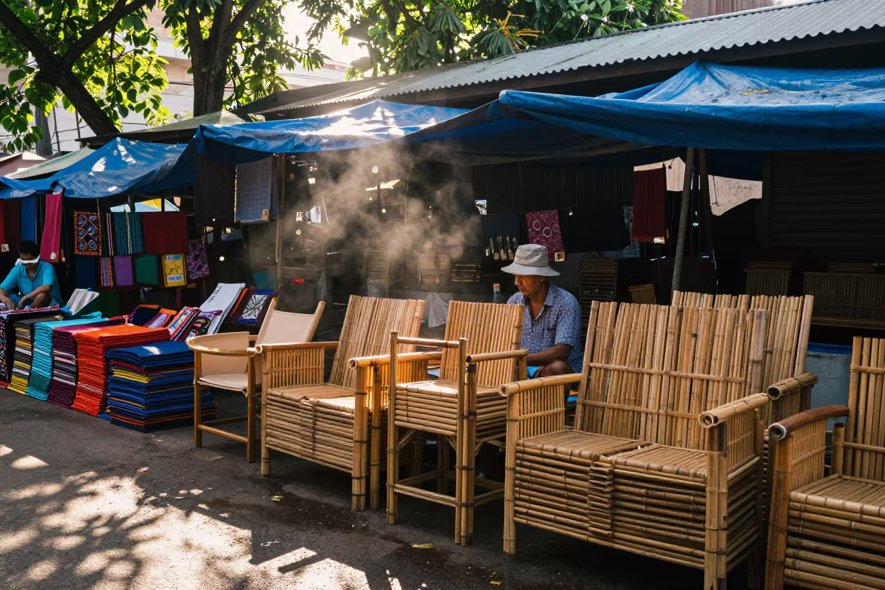 Vendor Stacks Bamboo Furniture at Riverside Market in at a textile trader's stall in Riverside, Phnom Penh