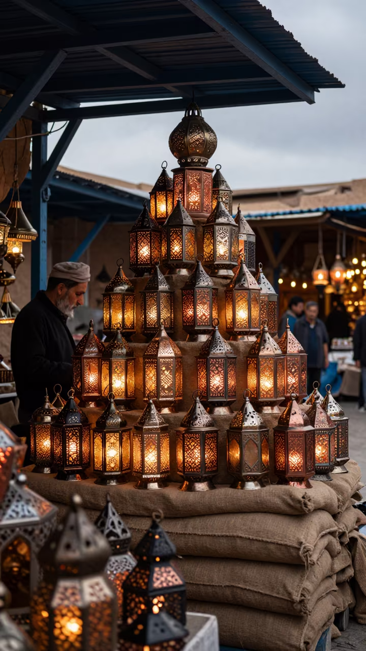 Vendor Stacks Tin Lanterns in Fez Souk in under a market canopy in Fez