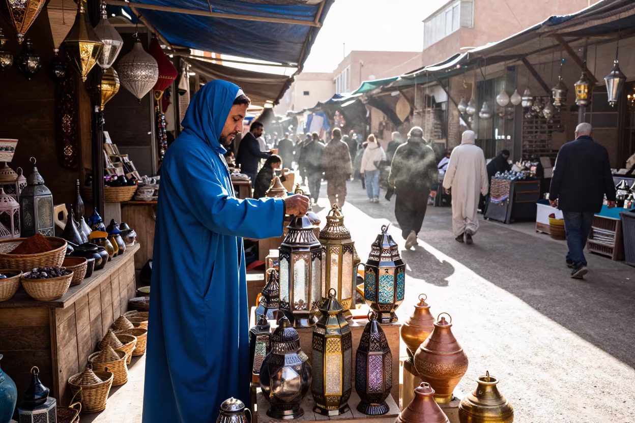 Vendor Stacks Tin Lanterns at Marrakech Noon in at a floating market boat in Marrakech