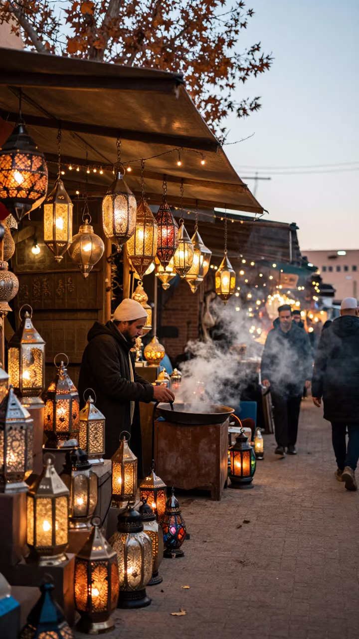 Vendor Stacks Tin Lanterns at Marrakech Souk Booth in under a market canopy in Gueliz, Marrakech