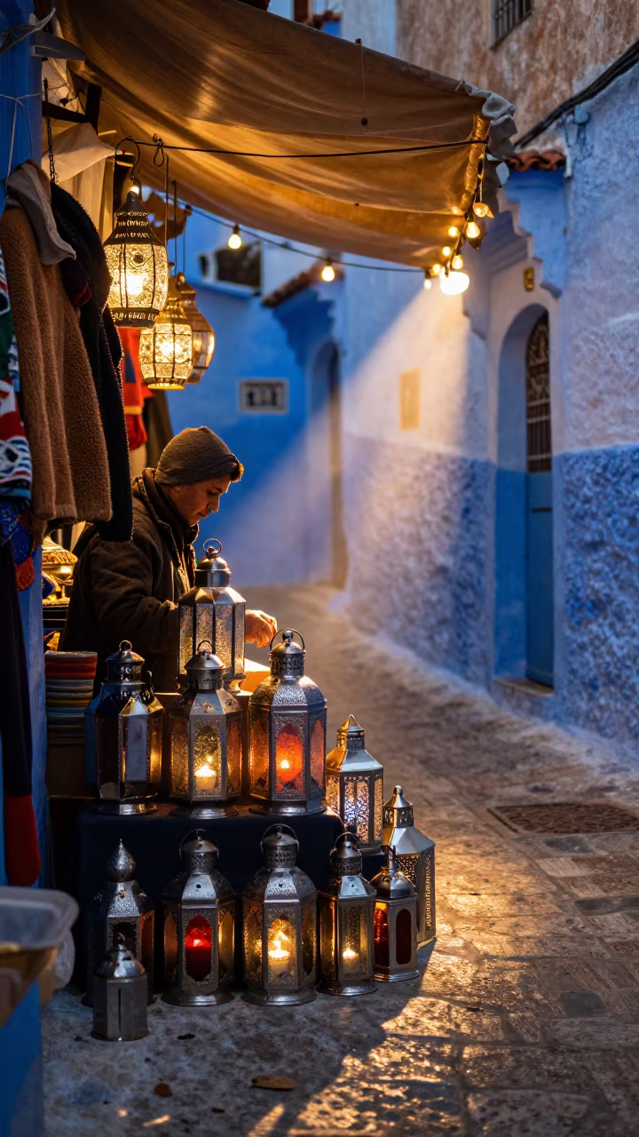 Vendor Stacks Tin Lanterns in Winter Souk in in a flea market lane in Chefchaouen