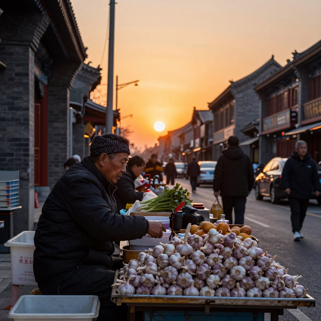 Vendor Stall in Beijing at As The Sun Drops Toward The Horizon in in Beijing, China