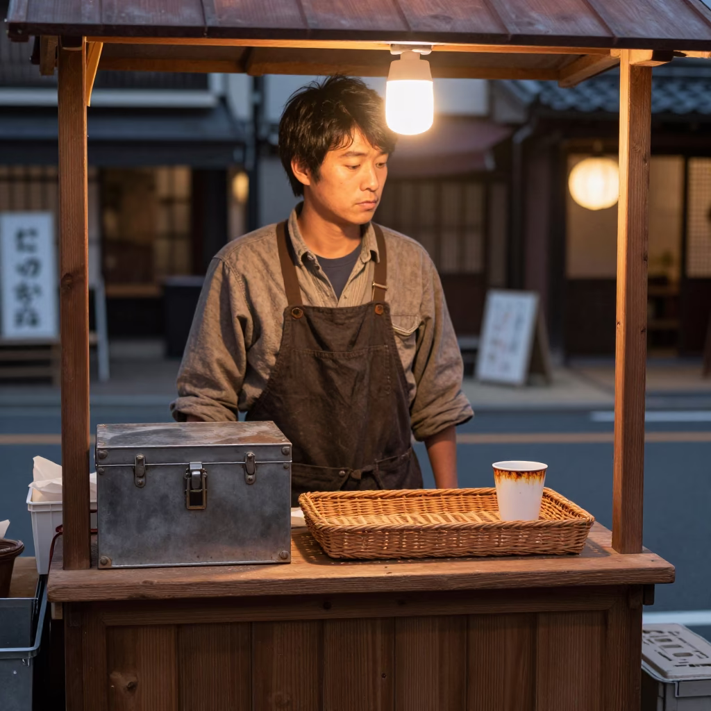 Vendor Stall in Fukuoka at Copper-toned Light Before Dusk in in Fukuoka, Japan