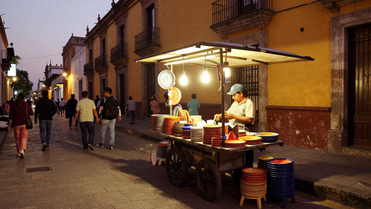 Vendor Stall in Guadalajara at As City Lights Begin To Glow in in Guadalajara, Mexico