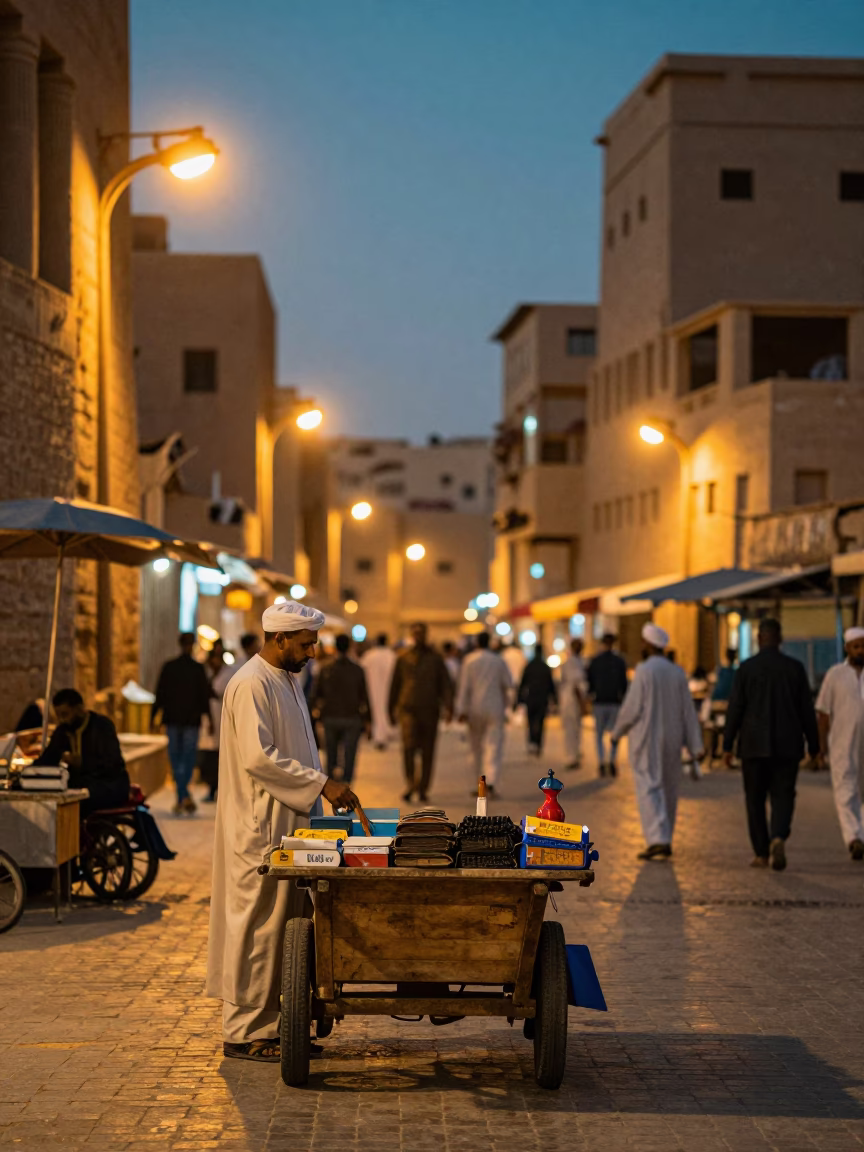 Vendor Stall in Luxor at As City Lights Begin To Glow in in Luxor, Egypt