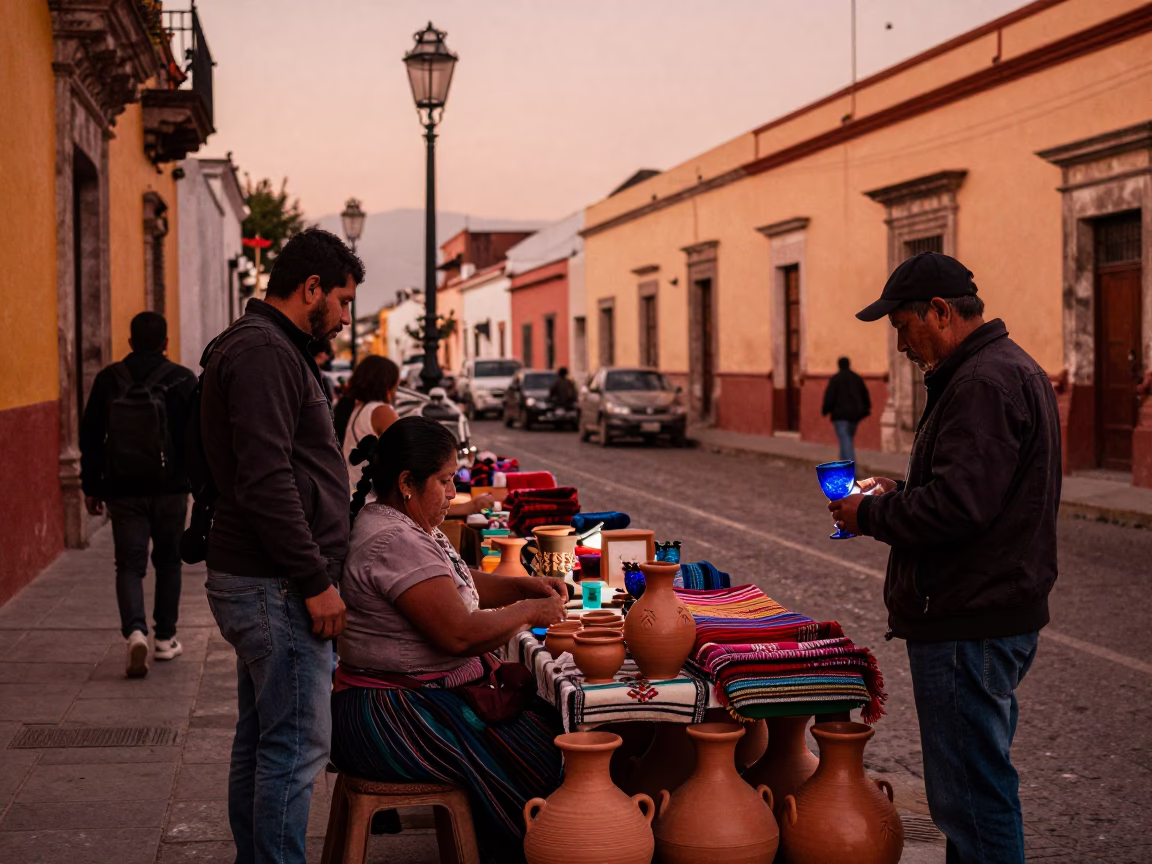 Vendor Stall in Oaxaca at Copper-toned Light Before Dusk in in Oaxaca, Mexico