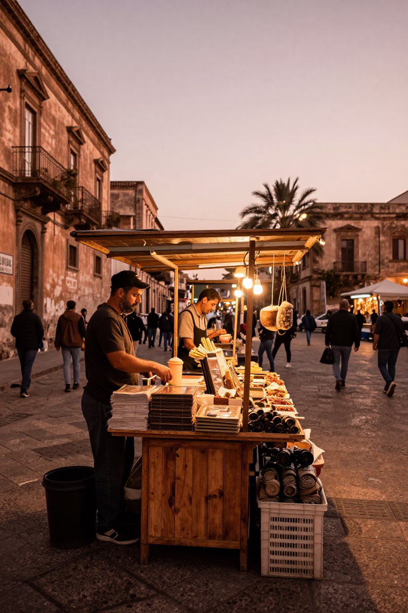 Vendor Stall in Palermo at Copper-toned Light Before Dusk in in Palermo, Italy