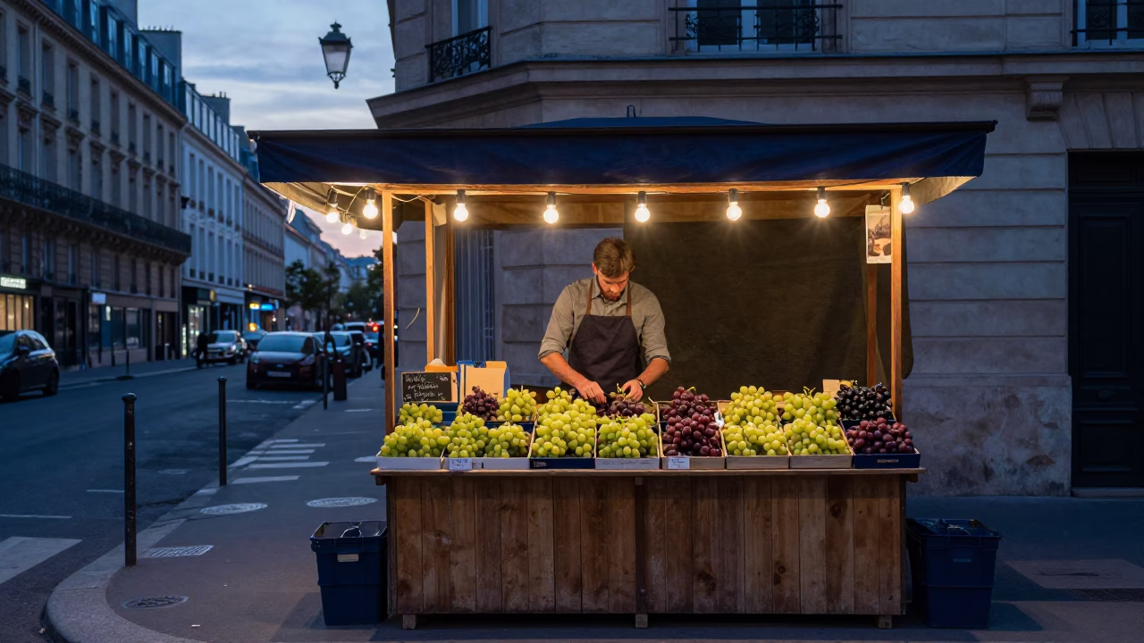 Vendor Stall in Paris at Sunrise Light in in Paris, France
