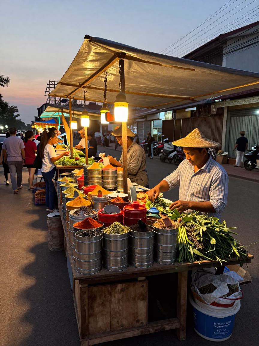 Vendor Stall in Phnom Penh at Honeyed Evening Light in in Phnom Penh, Cambodia