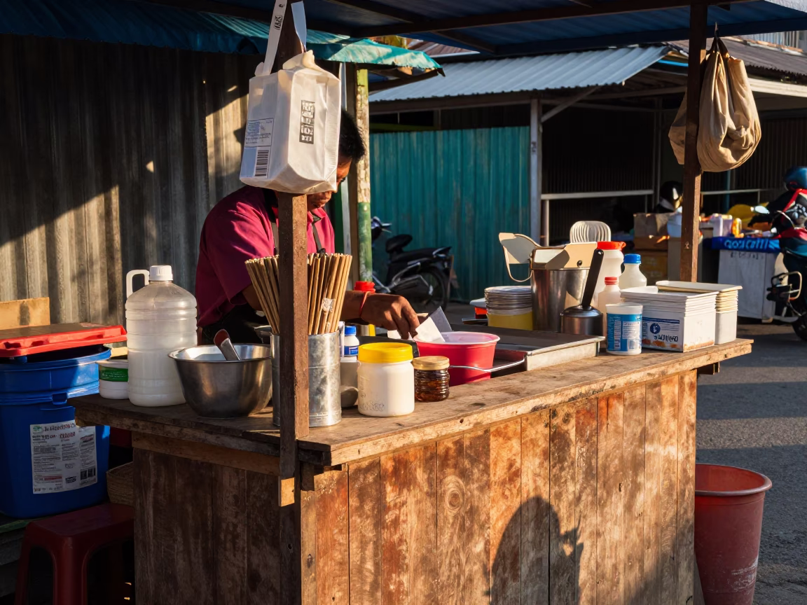 Vendor Stall in Phuket at As First Light Reaches The Scene in in Phuket, Thailand