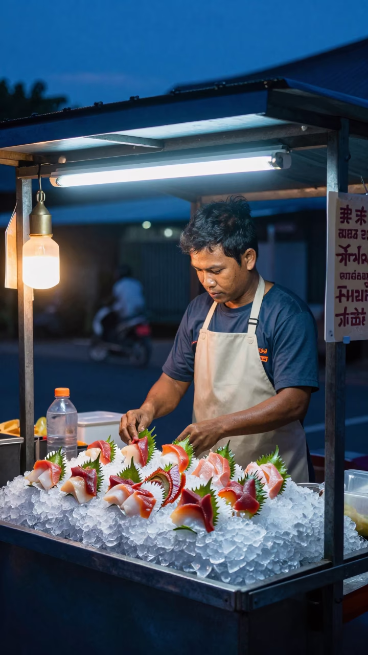 Vendor Stall in Phuket at The Predawn Darkness Light in in Phuket, Thailand