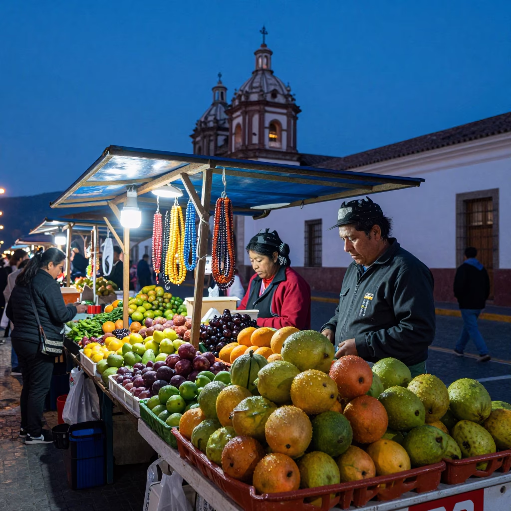 Vendor Stall in Quito at Indigo Twilight After Sunset in in Quito, Ecuador