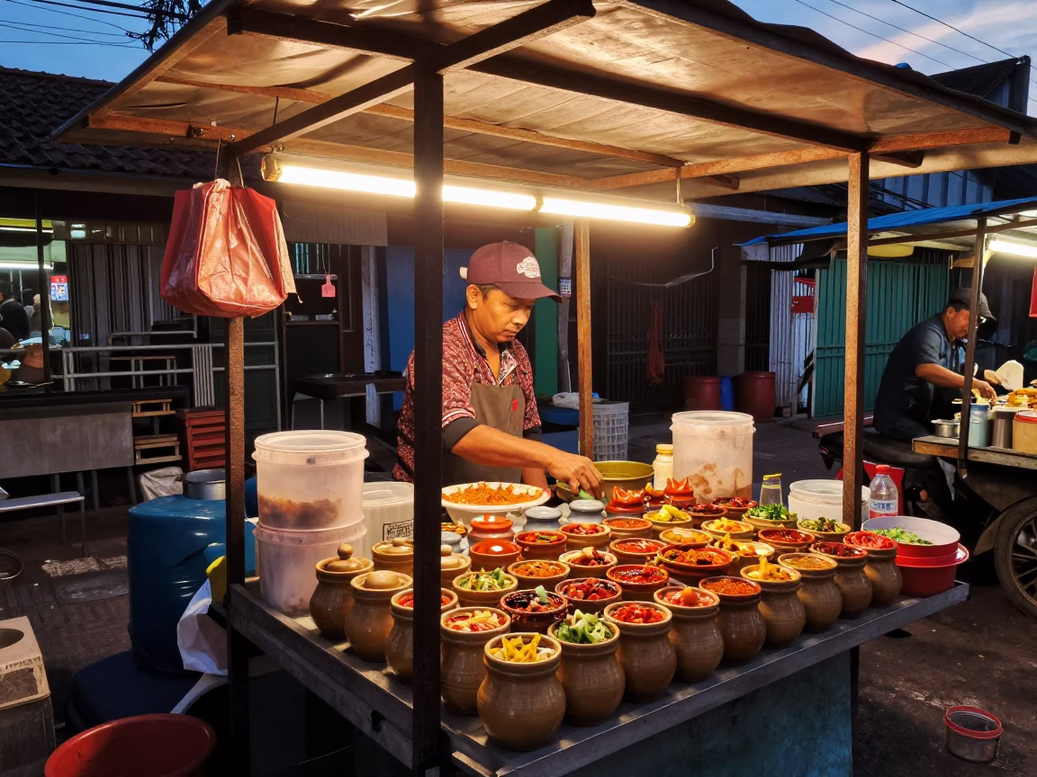 Vendor Stall in Surabaya at Copper-toned Light Before Dusk in in Surabaya, Indonesia