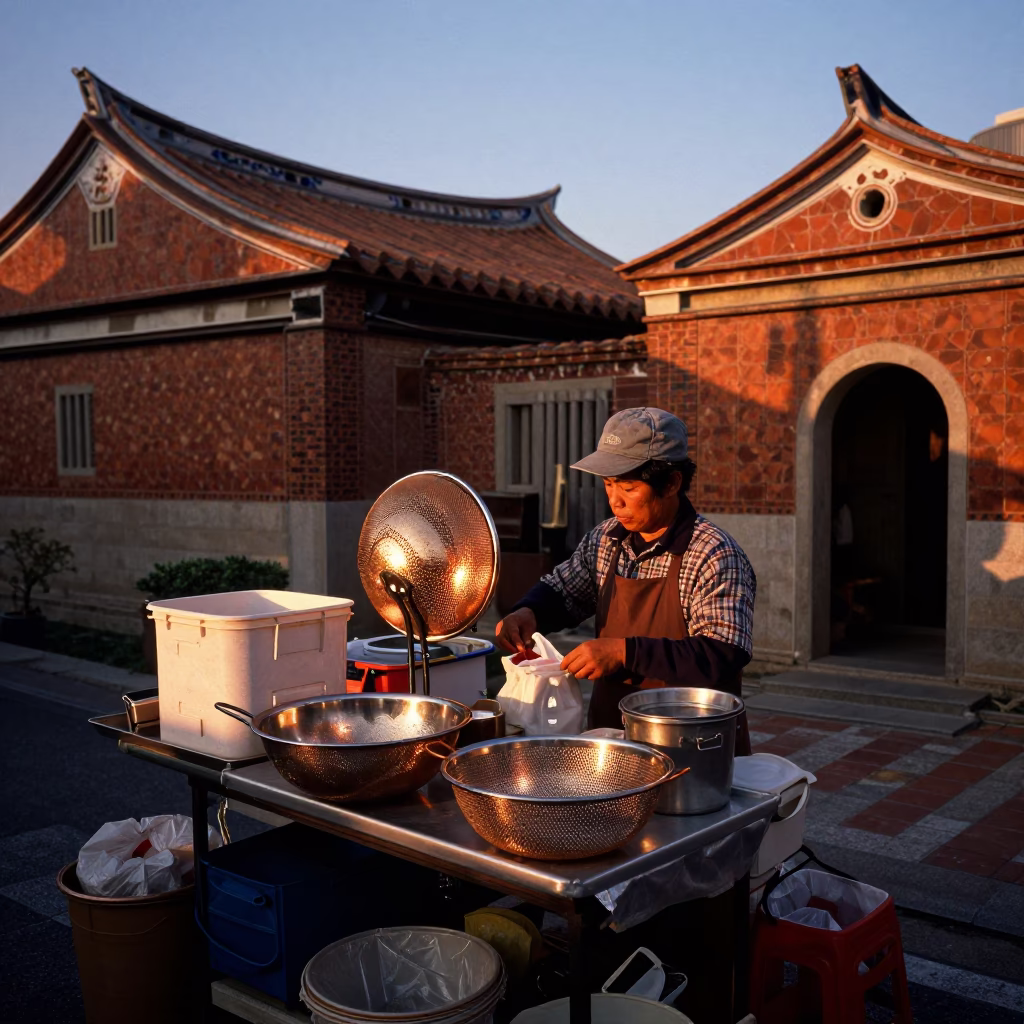 Vendor Stall in Tainan at Copper-toned Light Before Dusk in in Tainan, Taiwan
