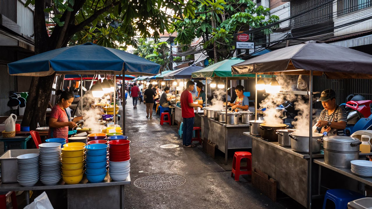 Vendor Stalls in Bangkok at As First Light Reaches The Scene in in Bangkok, Thailand